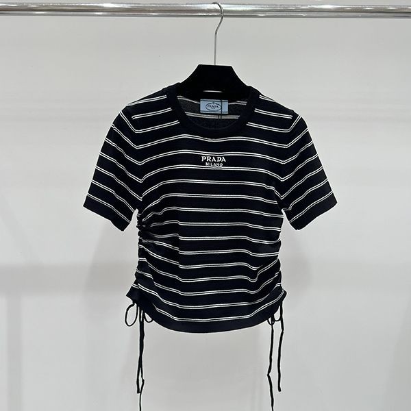 絶対欲しい！プラダ リブ ニット 半袖 Tシャツ 偽物ブラック&ホワイト pux66985